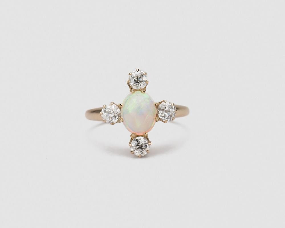 Appraisal: K Yellow Gold White Opal and Diamond Ring K Yellow