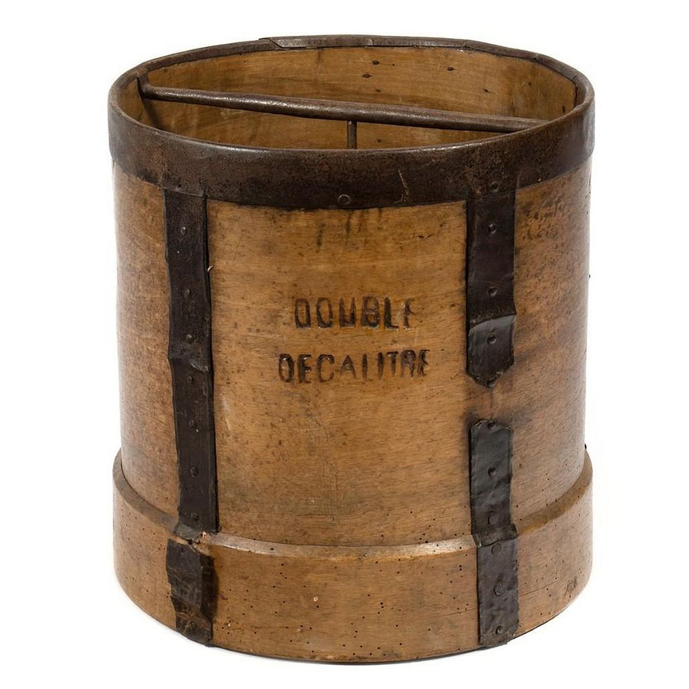 Appraisal: Double Decalitre Grain Measure Metal bound hardwood bucket in cm