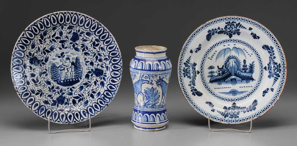 Appraisal: Three Pieces Delftware Continental th century blue and white charger