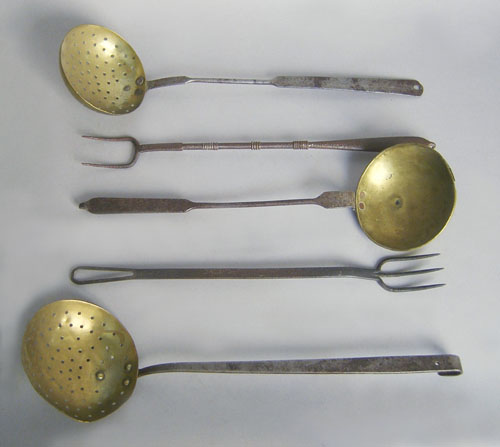 Appraisal: Two wrought iron flesh forks together with two ladles and