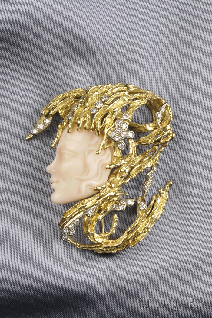 Appraisal: kt Gold Coral and Diamond Figural Brooch the coral profile