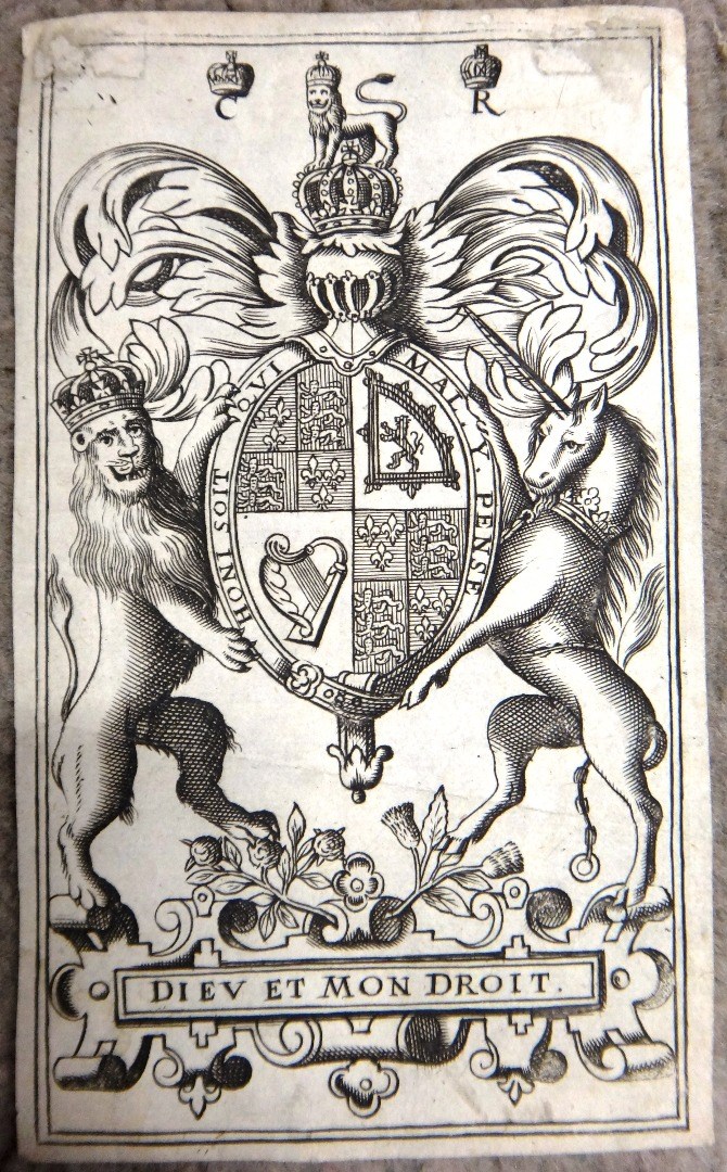 Appraisal: BOOKPLATE' - Charles II a wood-engraved armorial plate x cms