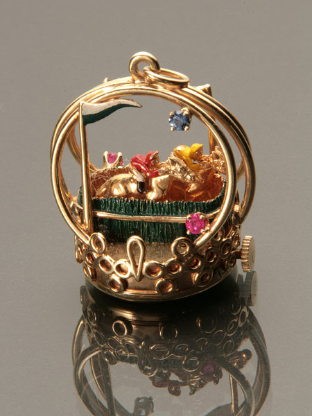 Appraisal: -Karat Yellow-Gold Blue Sapphire Ruby and Enamel Mechanical 'Horse Race'