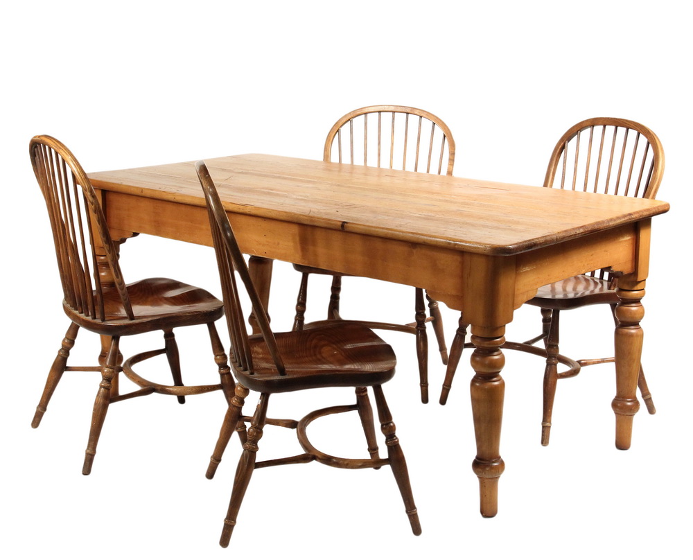 Appraisal: HARVEST TABLE WINDSOR CHAIRS - Bleached Pine Harvest Table with