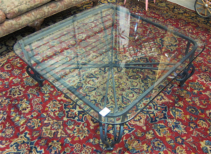 Appraisal: CONTEMPORARY GLASS-TOP IRON COFFEE TABLE having a square clear beveled