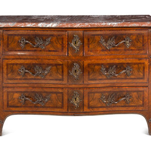 Appraisal: A R gence Style Rosewood-Banded Walnut Marble-Top Commode Late th