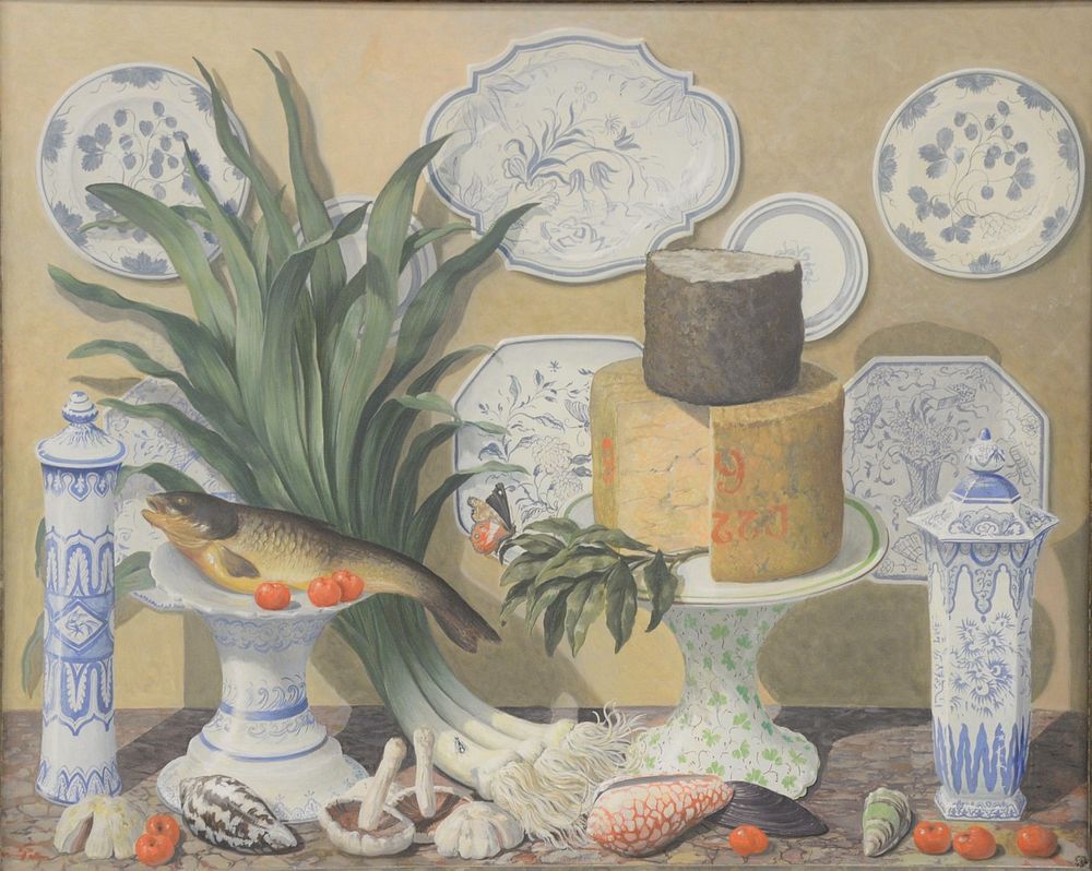 Appraisal: George Oakes British - Trompe l'oeil Still life with leeks