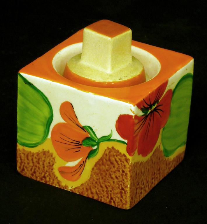 Appraisal: Nasturtium' Bizarre square inkwell shape high cover restored