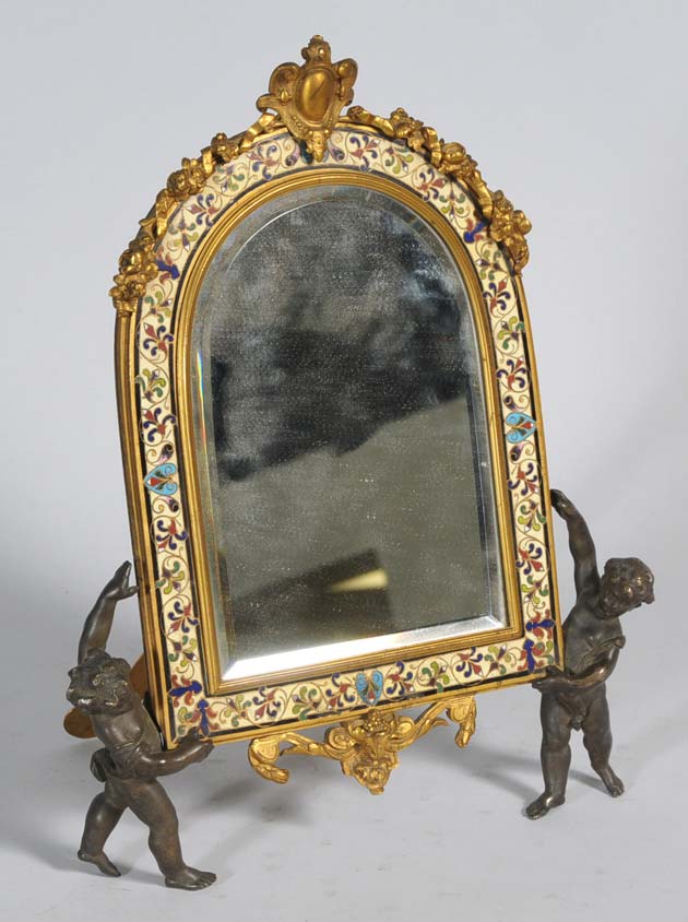 Appraisal: French Champleve Table Mirror with bronze cherub supports and easle