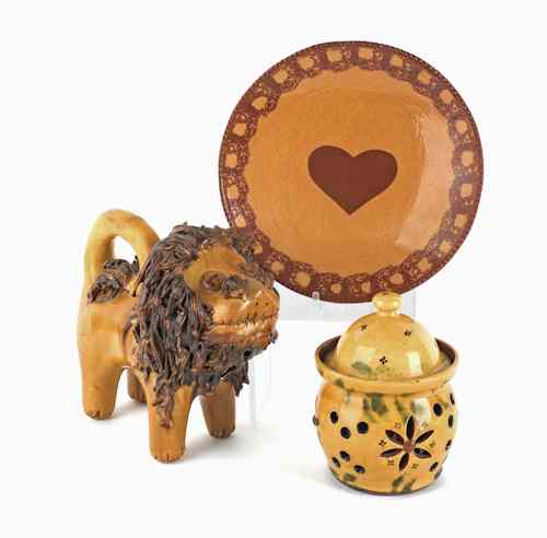 Appraisal: Breininger redware lion together with a sugar and a Foltz