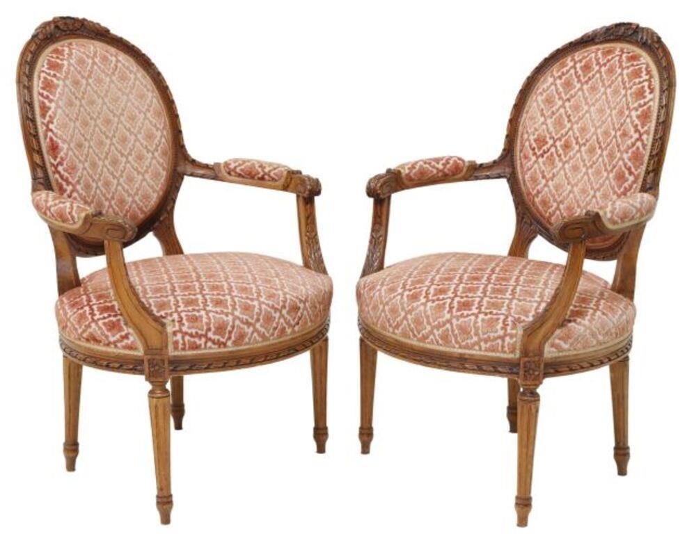 Appraisal: FRENCH LOUIS XVI STYLE UPHOLSTERED FAUTEUILS pair French Louis XVI