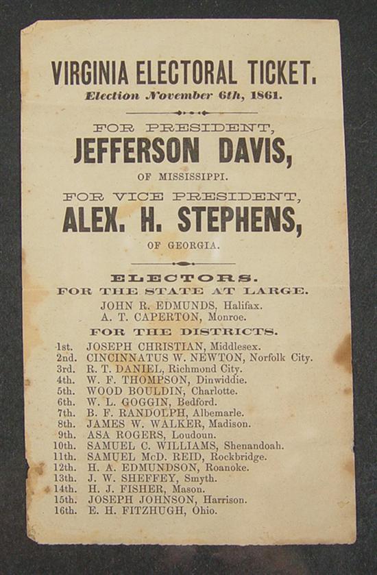 Appraisal: Virginia Electoral Ticket Jefferson Davis and Alex H Stephens A