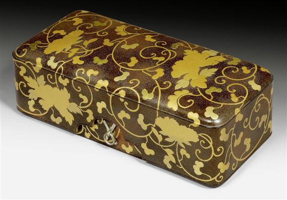 Appraisal: A DARK BROWN LACQUER BOX WITH GOLD LACQUER PEONY SCROLL