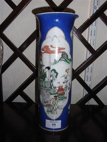 Appraisal: A CHINESE CYLINDRICAL FAMILLE VERTE VASE painted with shaped panels