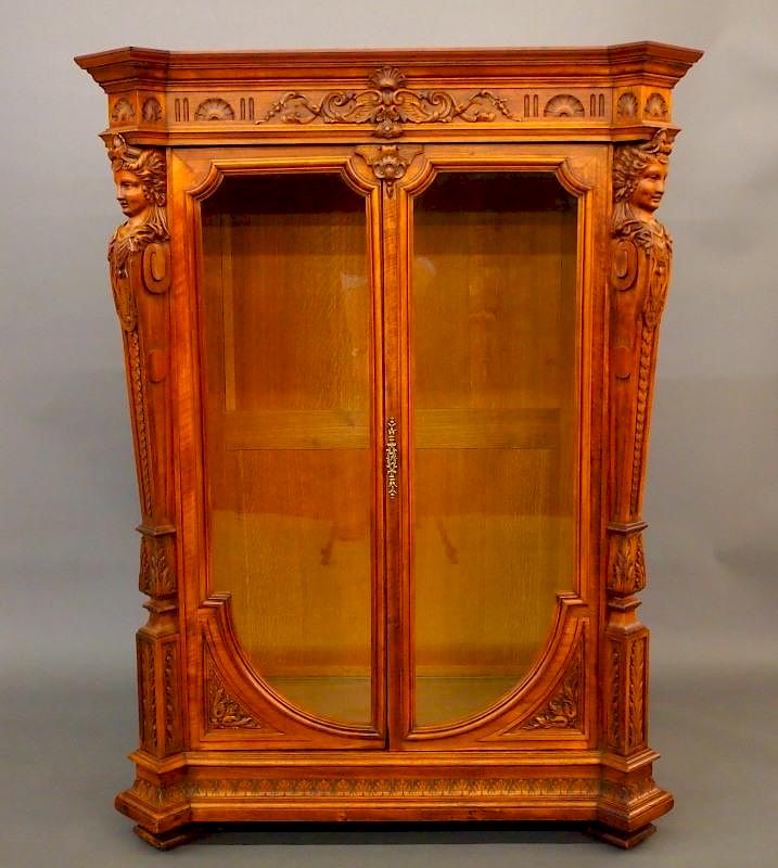 Appraisal: Carved Walnut Vitrine A th century Renaissance Revival Walnut and