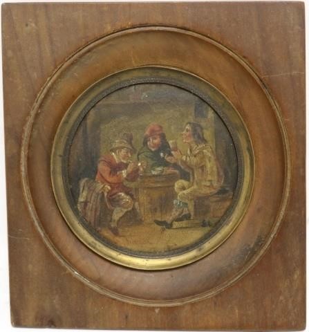 Appraisal: MINIATURE TH C PAINTING ON COPPER DUTCH TAVERNSCENE ROUND DIAMETER