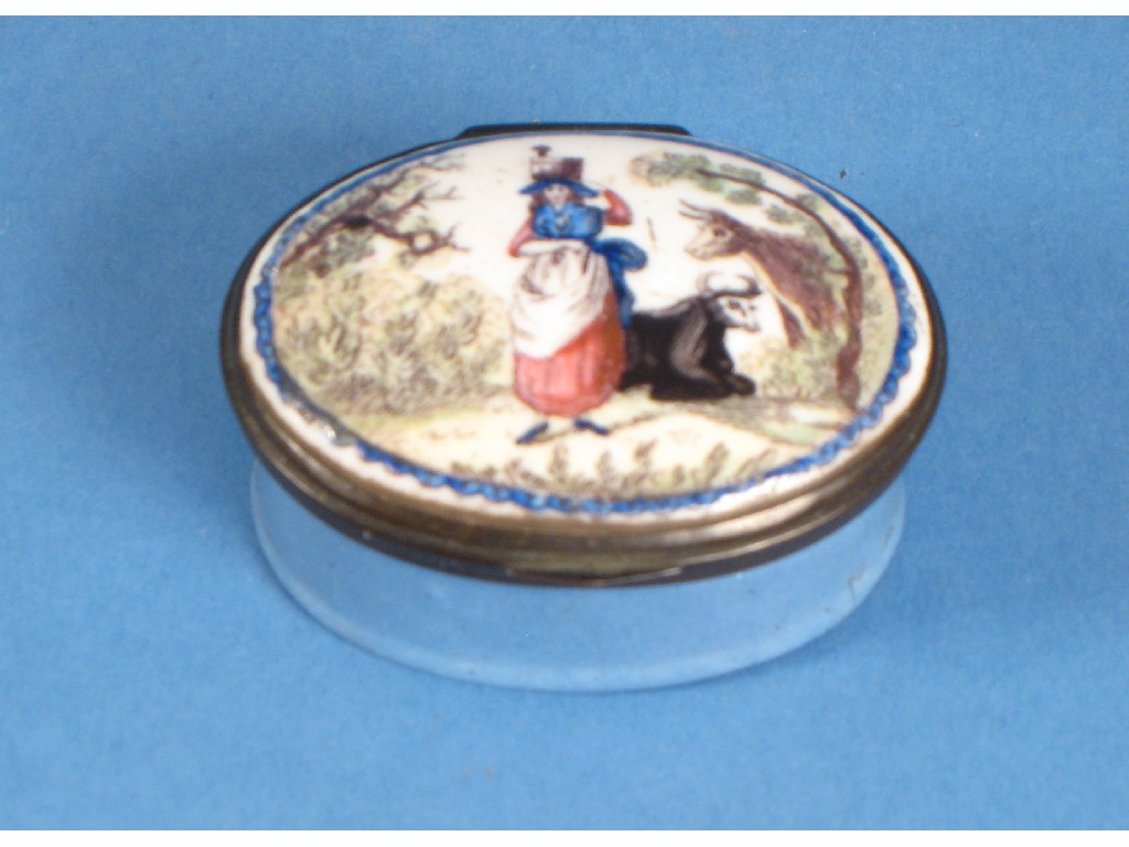 Appraisal: A Georgian enamel oval Patch Box the cover with milkmaid