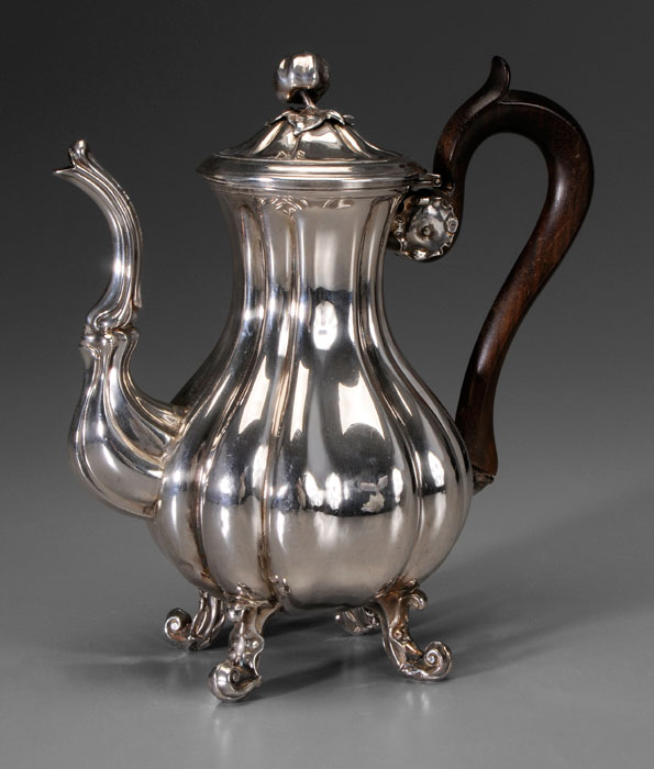 Appraisal: French Silver Coffeepot after melon form fruit finial scroll feet