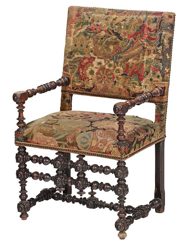 Appraisal: Baroque Style Walnut Tapestry Upholstered Armchair Continental th century or