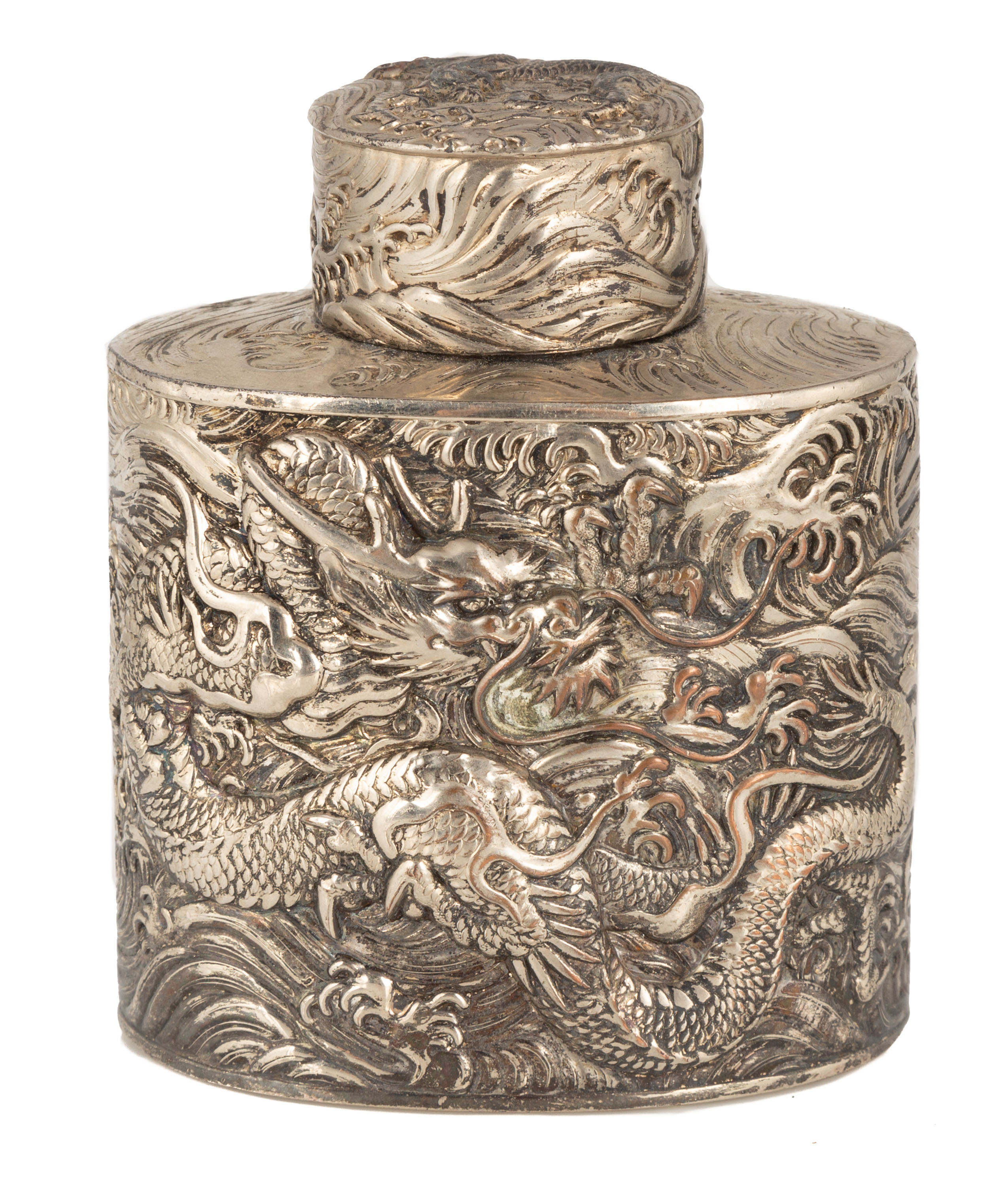 Appraisal: JAPANESE EXPORT SILVER PLATE FLASK WITH DRAGONS Silver over copper