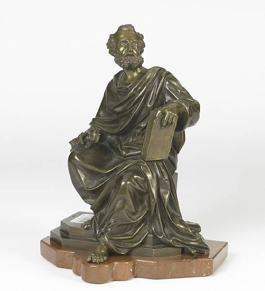 Appraisal: A patinated bronze figure of St Peter on marble base