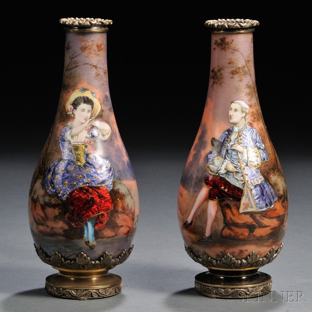 Appraisal: Pair of Metal-mounted Limoges Enamel Vases France late th early