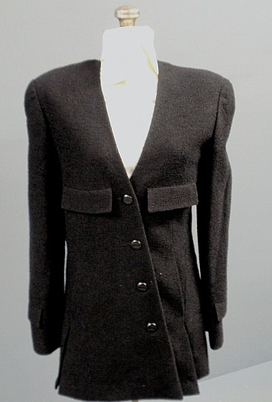 Appraisal: Chanel Boutique long wool blend jacket collarless V-neckline with asymmetrical