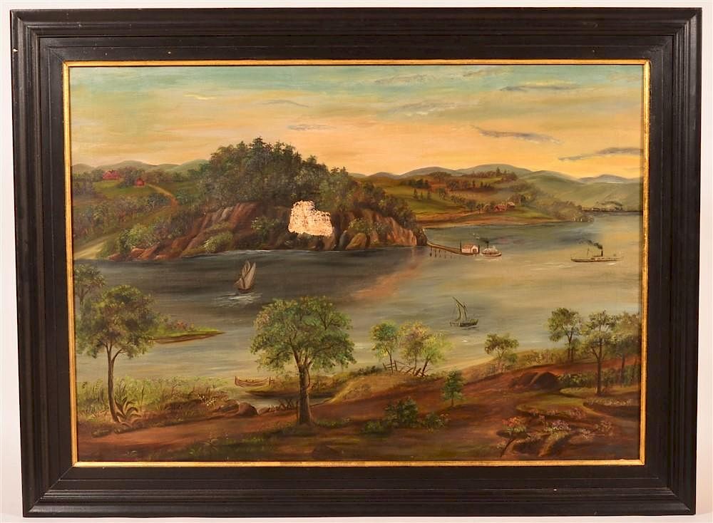 Appraisal: Oil on Canvas Painting River Valley Scene Unsigned th Century