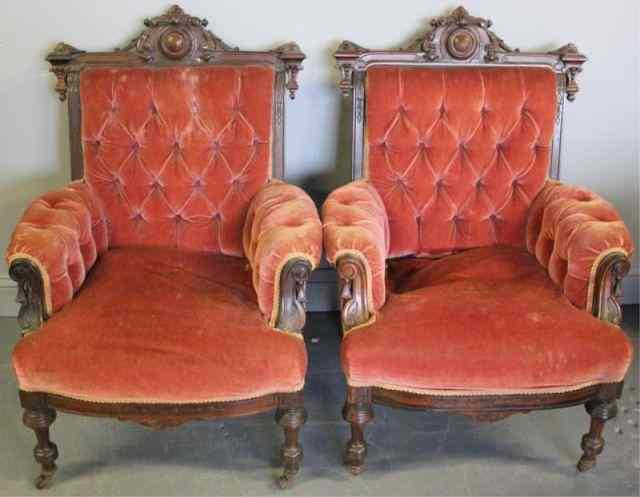 Appraisal: Pair of Renaissance Revival Armchairs Rosewood parlor chairs From a