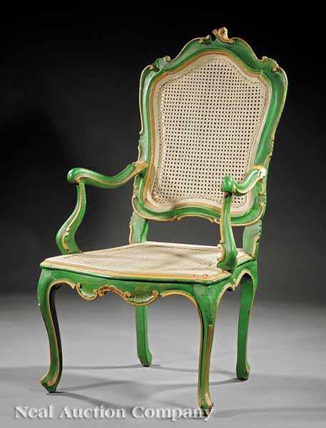 Appraisal: An Antique Venetian Rococo-Style Paint-Decorated Armchair arched scalloped back scrolled