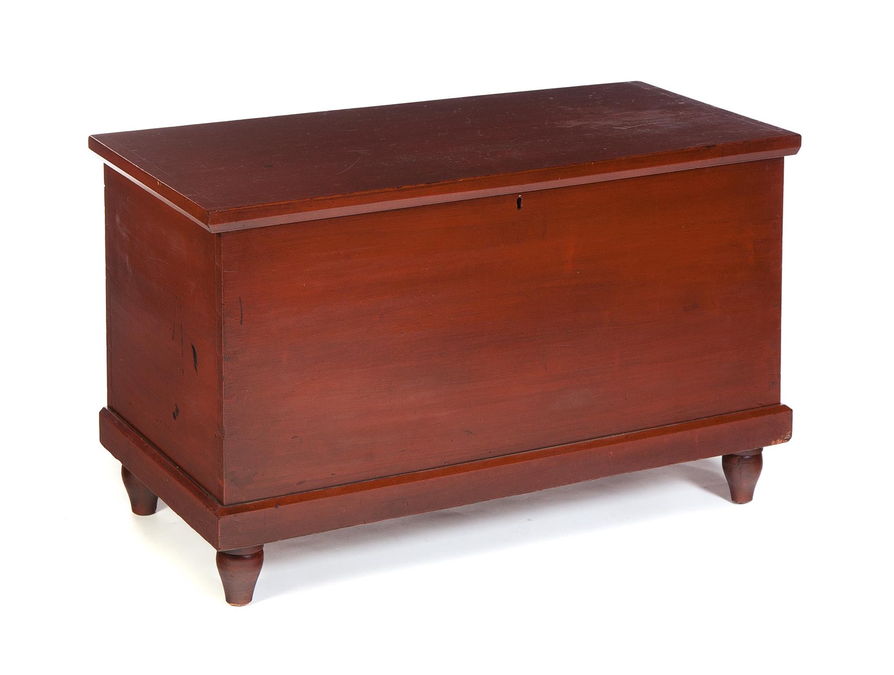 Appraisal: RED-PAINTED BLANKET CHEST American nd half- th century Dovetailed case