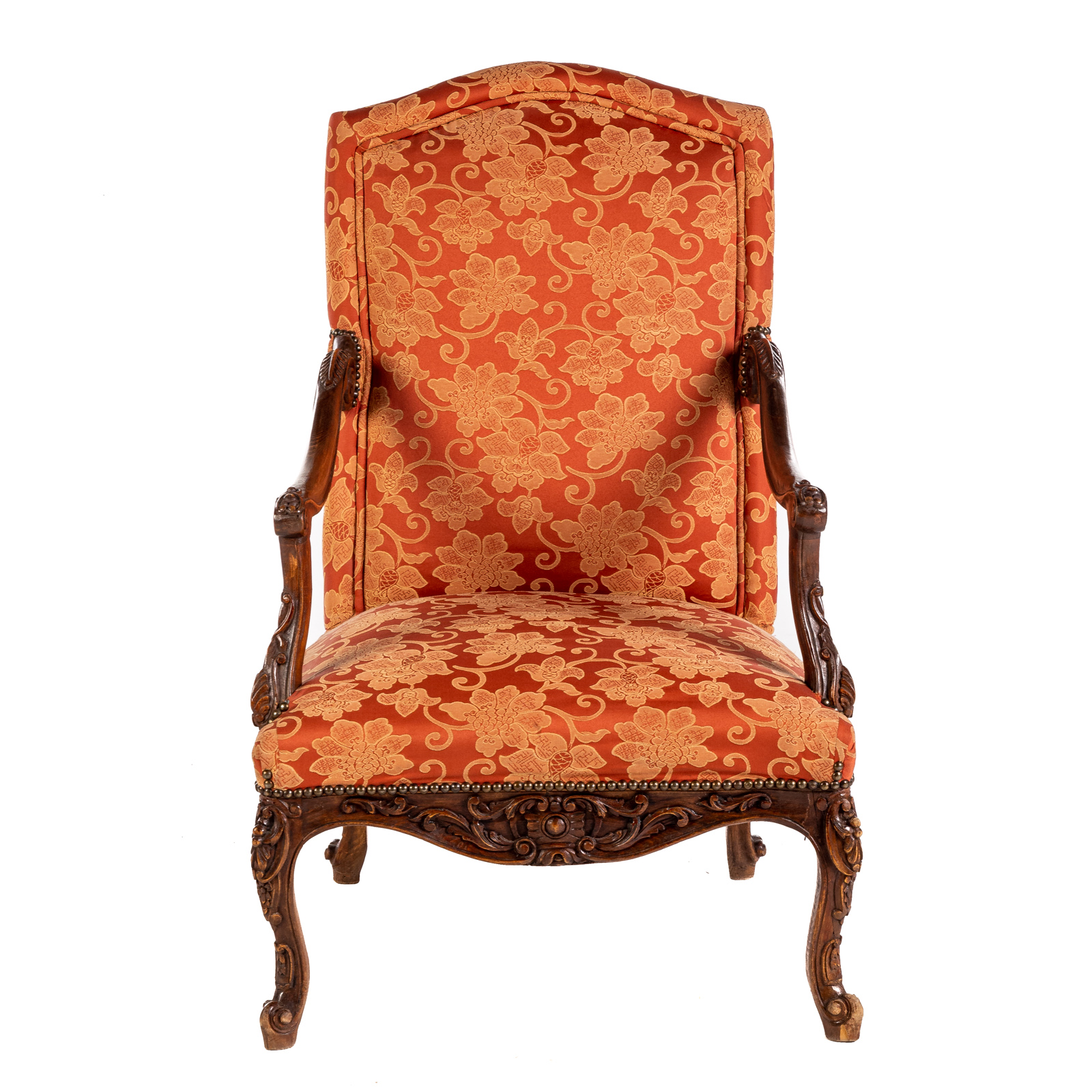 Appraisal: LOUIS XV STYLE OAK UPHOLSTERED ARM CHAIR th century well