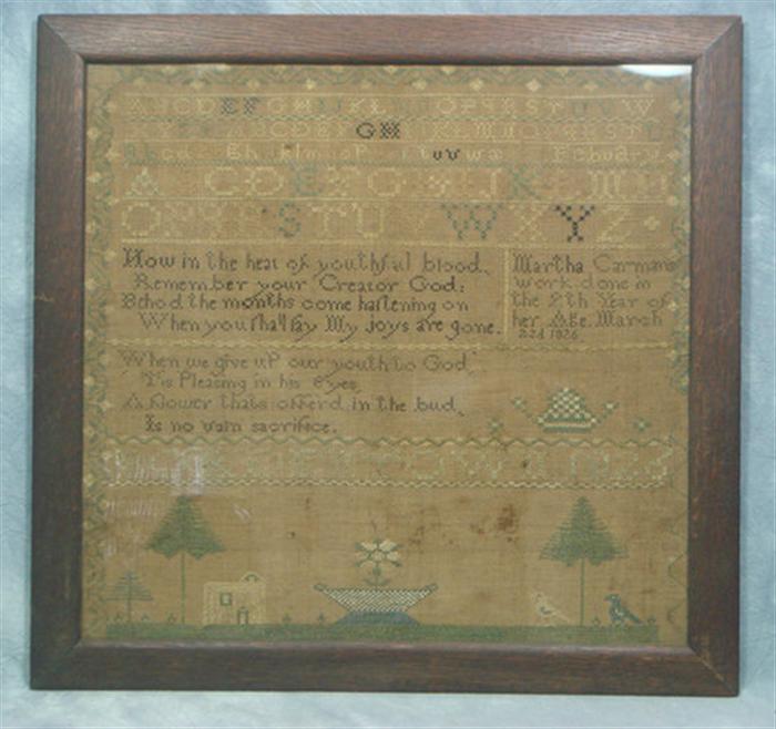 Appraisal: needlework sampler Martha Carman Burlington Co NJ provenance March x