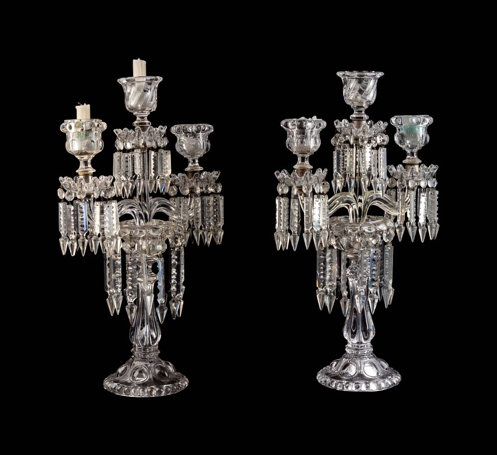 Appraisal: A Pair of Baccarat Molded Glass Three-Light Candelabra A Pair