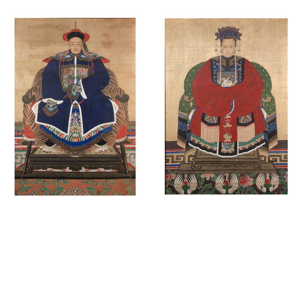 Appraisal: Pair of Framed Chinese Ancestral Portraits Depicting an elderly male