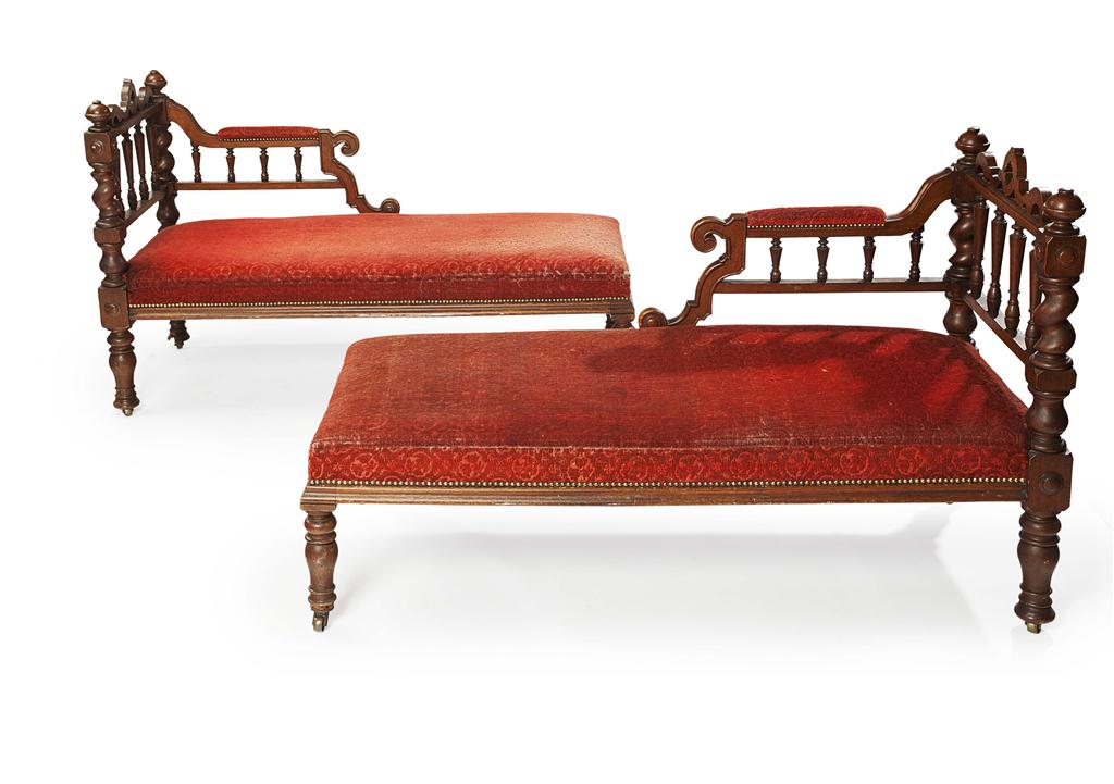 Appraisal: PAIR OF VICTORIAN OAK FRAMED UPHOLSTERED CHAISE LONGUES MID LATE