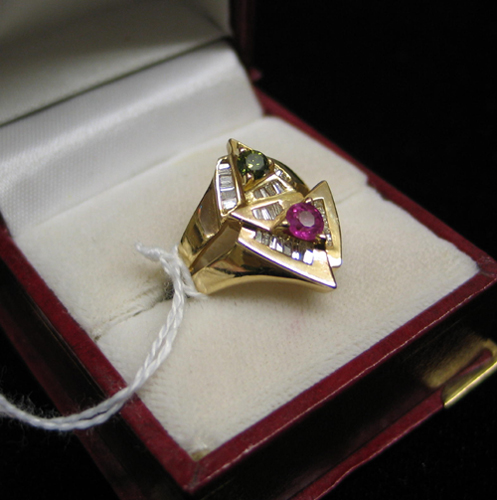 Appraisal: GREEN DIAMOND PINK SAPPHIRE AND FOURTEEN KARAT GOLD RING set