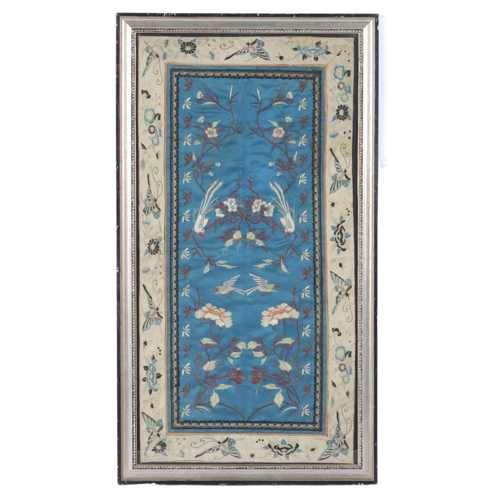 Appraisal: CHINESE SILK EMBROIDERED TEXTILE PANEL WITH BIRDS ON BLUE GROUND