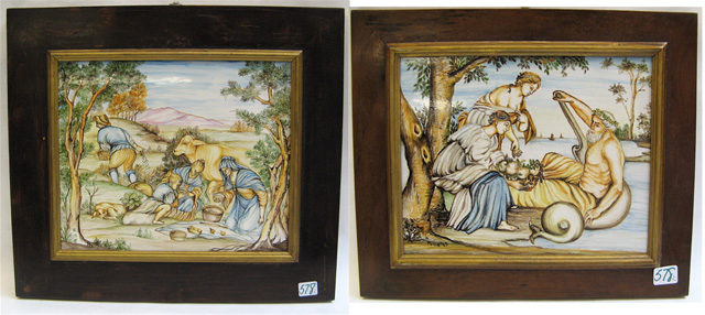 Appraisal: TWO ITALIAN FRAMED PORCELAIN PLAQUES hand painted complementary scenes Artist