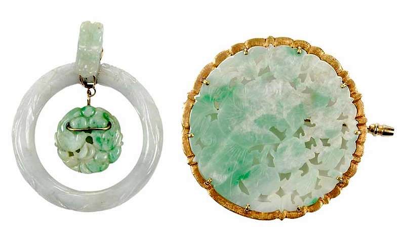 Appraisal: Two Jade Pendants pendant brooch round carved and pierced jade