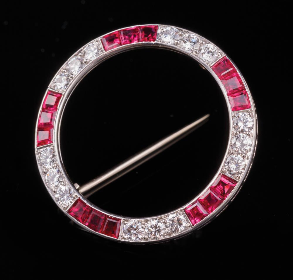 Appraisal: Raymond Yard Platinum Diamond and Ruby Brooch Pin early th