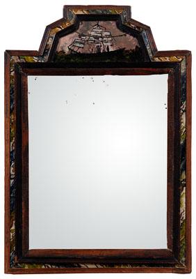 Appraisal: Reverse-painted courting mirror crest set with sailing ship fruitwood and