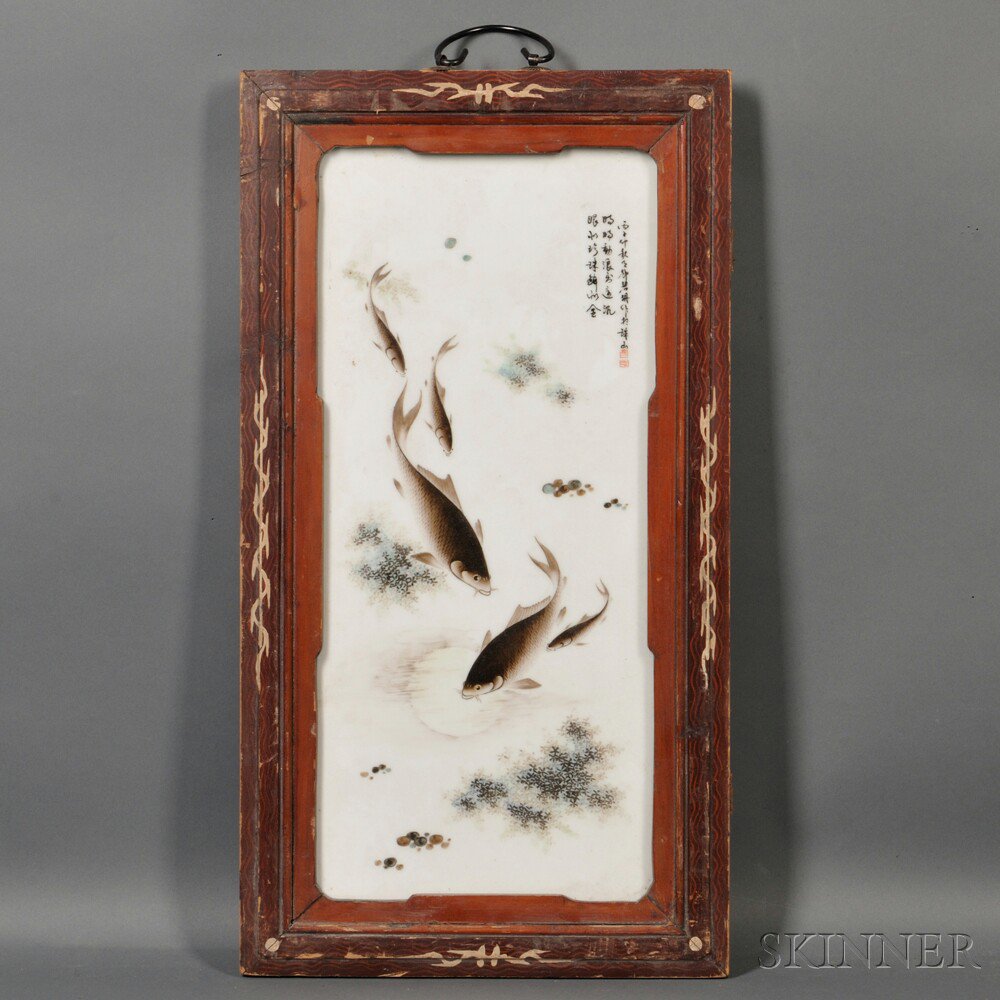 Appraisal: Painted Porcelain Plaque China depicting five carp swimming in the