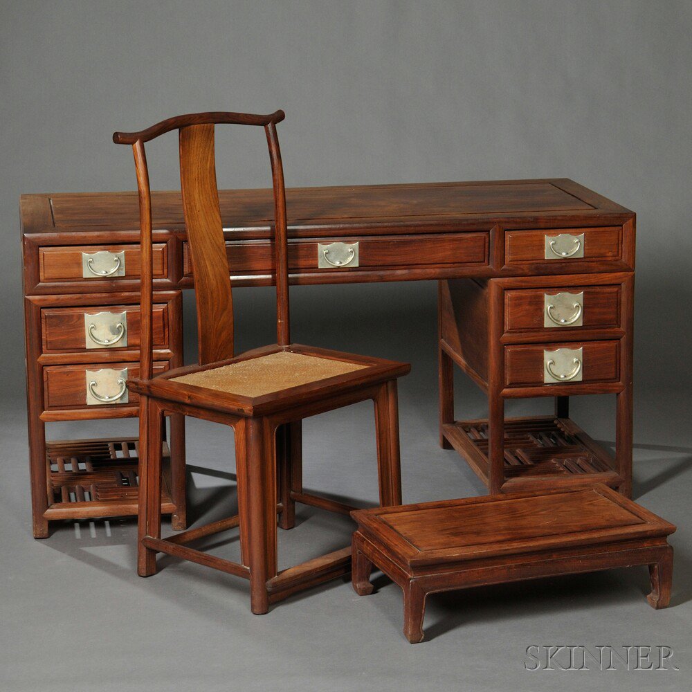 Appraisal: Pedestal Desk Side Chair and Footrest China hardwood desk with