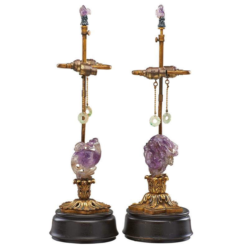 Appraisal: CHINESE AMETHYST AND GILTWOOD LAMPS Two Carved figures with hanging