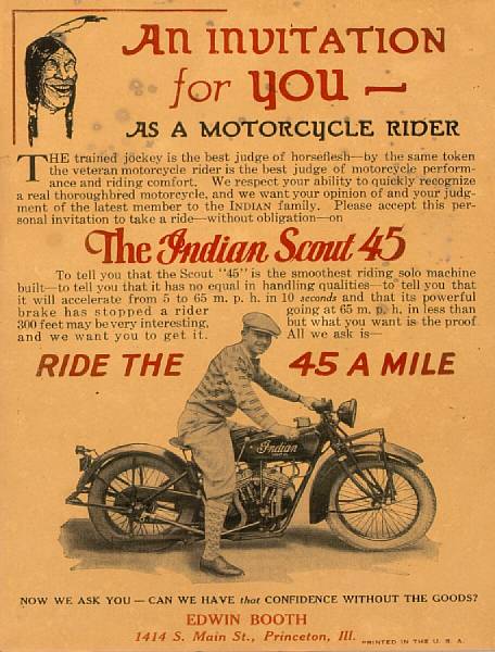 Appraisal: An Indian Scout cardboard advertisement featuring a period bike and