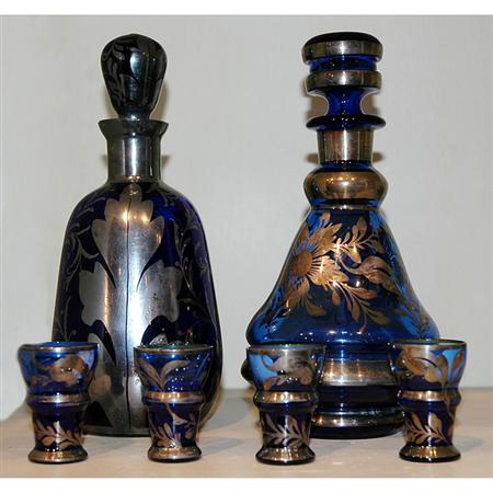 Appraisal: Two Silver Overlay Glass Decanters Together with Four Cordial Glasses