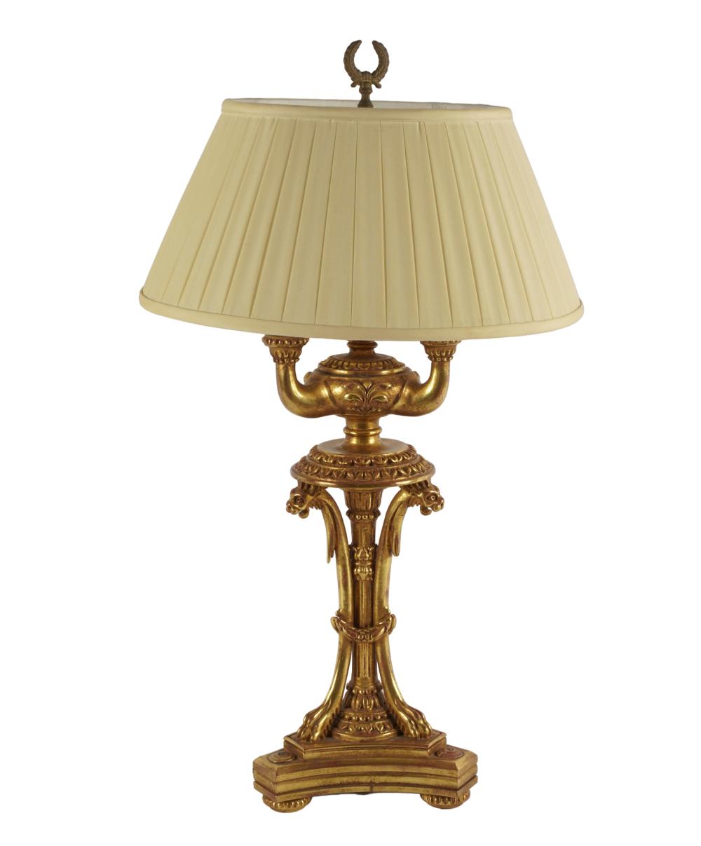 Appraisal: NEOCLASSICAL STYLE GILTWOOD TABLE LAMP th century with three sockets