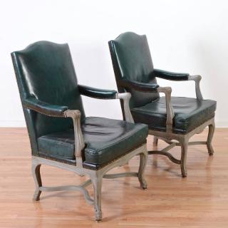 Appraisal: Pair Regence style gray painted fauteuils oth c blue close-nailed