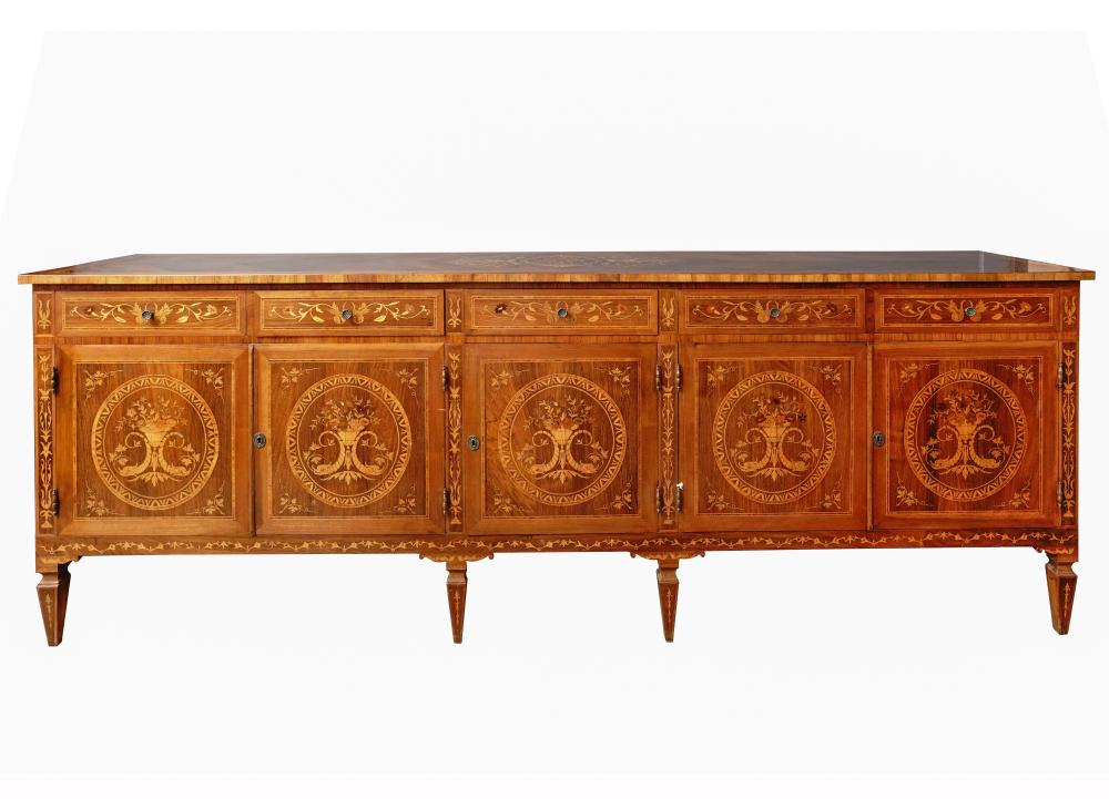 Appraisal: ITALIAN NEOCLASSICAL MARQUETRY SIDEBOARDwith five drawers over five hinged doors